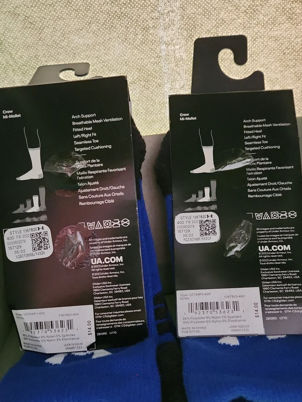 Under Armour UA Team Cushioned Crew Socks Blue Sz 7 -8.5 mens Two Packs Of 2